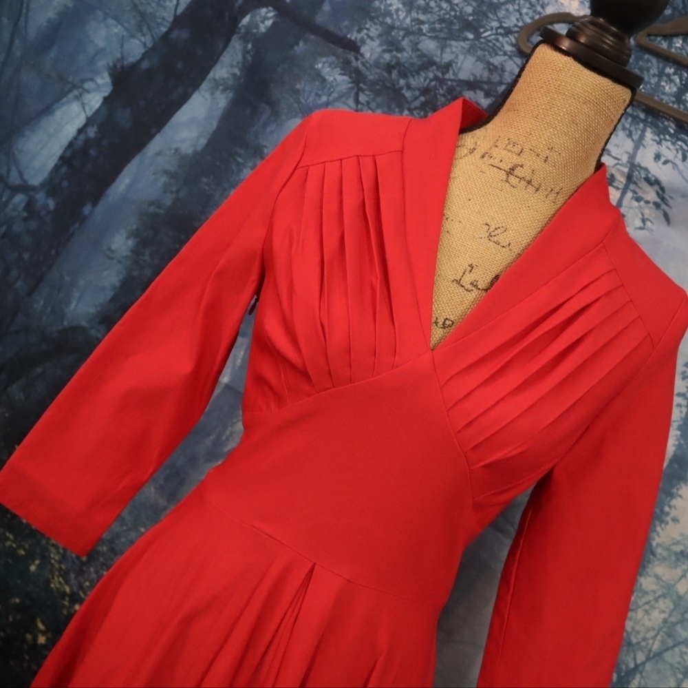 PIN UP DRESS M Red Retro Pin-up Rockabilly Long-sleeved V-neck Dance Matte 60s - Picture 14 of 14